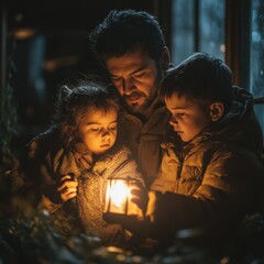 A father and his children share a warm moment, illuminated by a lantern's glow, embracing the beauty of family and togetherness.
