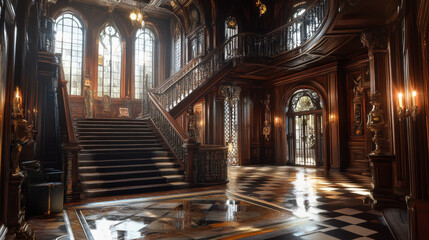 Obraz premium Elegant entryway of a grand mansion showcasing intricate architecture and warm lighting during late afternoon hours