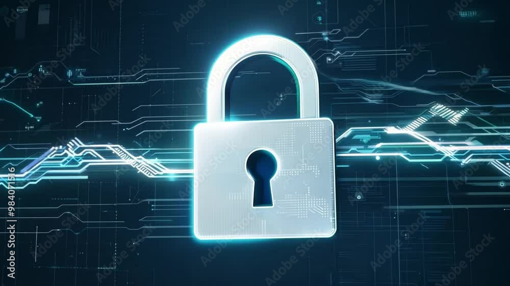 Poster A metallic padlock appears prominently against a dark, high-tech backdrop filled with circuit patterns, representing cybersecurity and data protection measures in a digital landscape.
