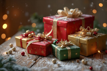 new year gifts, boxes and crystal stars on a wooden table, sprinkled frost and frost, natural winter bokeh background	