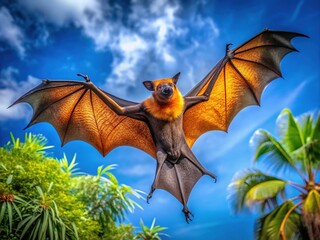 Vibrant orange-hued large flying fox glides effortlessly against a deep blue sky, its enormous wings outstretched, showcasing majestic grandeur in mid-air, tropical atmosphere.