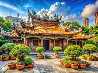 Obraz premium Vibrant ornate dragons and phoenixes adorn the ancient red walls of Longshan Temple, a serene oasis amidst bustling Taipei city life, surrounded by lush greenery.