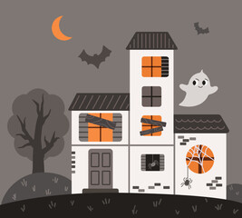 Happy Halloween holyday poster, card. festive postcard design for October holiday celebration. Cute night party invitation template  house with ghosts. Flat vector illustration