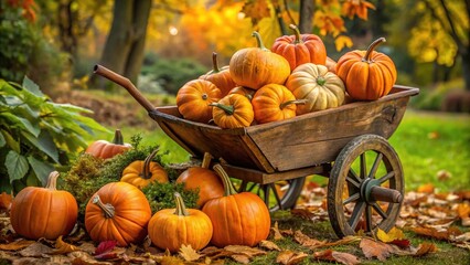 Vibrant orange pumpkins of various sizes and shapes are arranged artfully in a rustic wooden wheelbarrow, surrounded by lush greenery and autumn leaves.