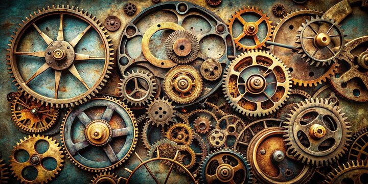 Vintage distressed clockwork machinery with rusty gears and intricate mechanisms set against a worn, neutral background, evoking nostalgia and industrial heritage.