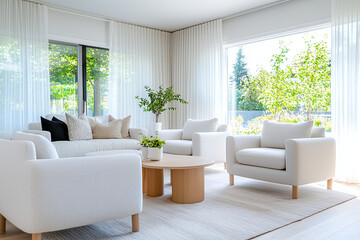 a bright living space with large windows, simple curtains, and a mix of contemporary and classic furniture