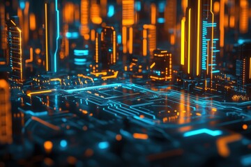 A futuristic digital landscape with glowing neon circuit lines, abstract cityscape formed