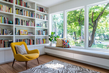 a bright living space with large windows, simple curtains, and a mix of contemporary and classic furniture