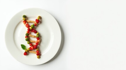 DNA helix formed from healthy food on plate, precision diet planning, personalized health, bio-individuality, data-driven nutrition trends