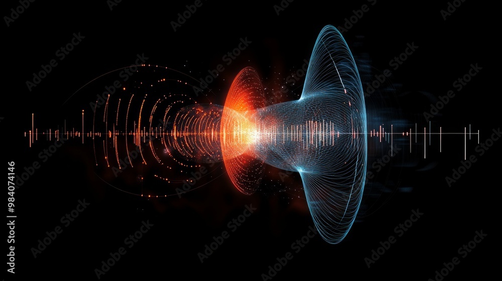 Poster visual representation illustrating wave-particle duality in quantum mechanics with energetic pattern