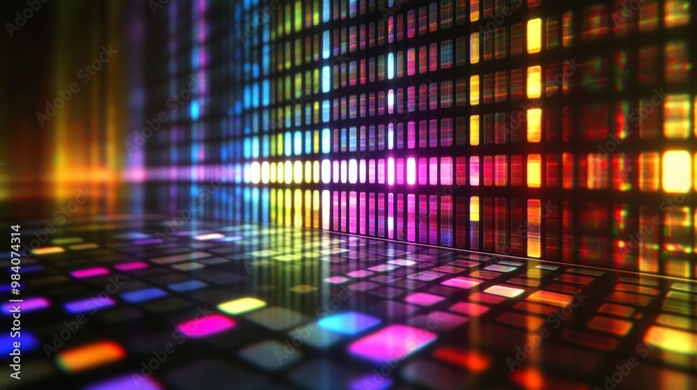 Poster visual representation of quantum dot technology showcasing vibrant color patterns and reflections in