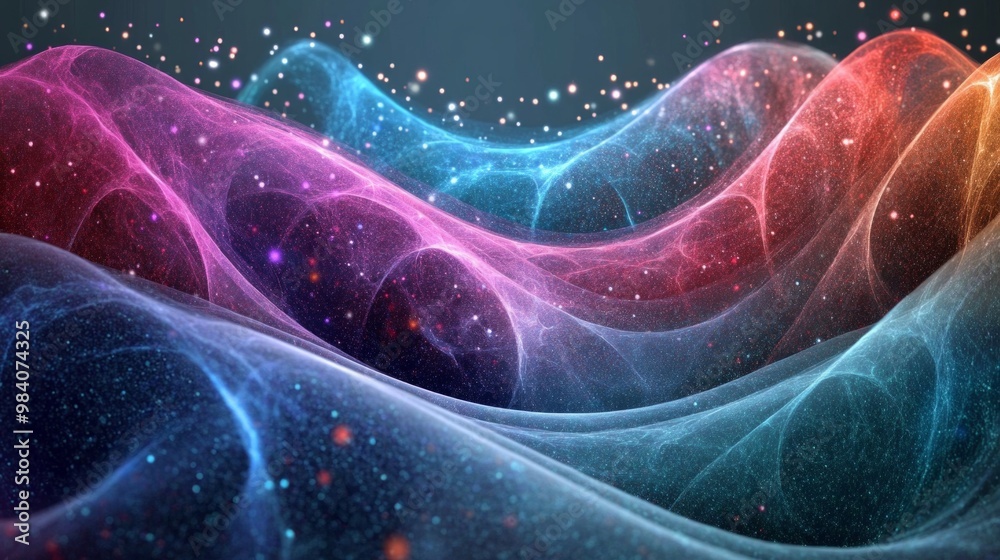 Poster a vibrant visualization of quantum superposition illustrating wave functions and interactions within
