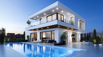 Fototapeta premium Modern Luxury Villa with Pool at Dusk