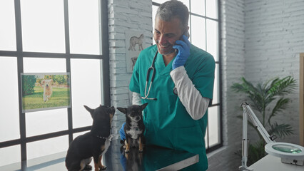 Middle-aged hispanic man veterinarian in a clinic with two chihuahuas on a table, smiling while...