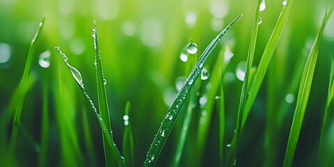 Fototapeta premium Close up of dew drops on blades of grass.