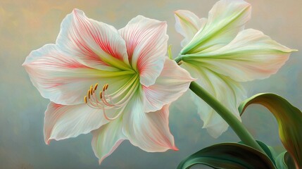 Fototapeta premium Close-up of Amaryllis Flower in Soft Pink and Green Hues, Elegant Floral Art with Delicate Details
