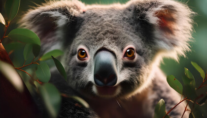 Fototapeta premium Ojos y mirada de la naturaleza, Koala, Phascolarctos cinereus. Animales, fauna, planeta Tierra, biodiversidad, Ecosistema