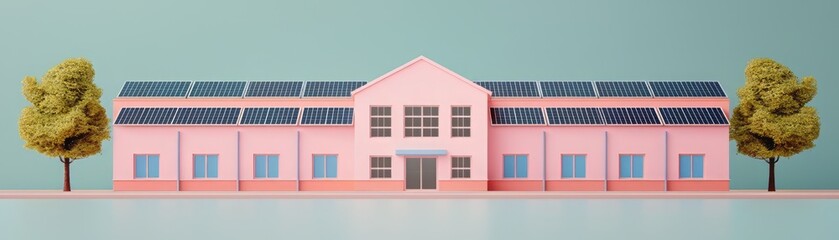 Charming pink building with solar panels, surrounded by green trees, perfect for illustrating sustainable architecture and modern design.