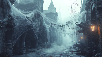Obraz premium Eerie, foggy street with cobweb-covered buildings and ancient architecture, exuding a mysterious and haunting atmosphere.