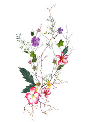 watercolor painting of leaves and flower, on white background