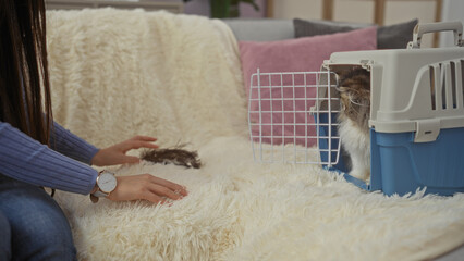 A woman in a living room gently reaches towards a cat that is inside a pet carrier on a cozy, furry sofa background indoors.