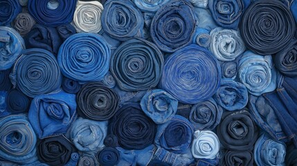 Rolled denim fabric in various blue shades. Denim recycling, sustainable fashion, and eco-friendly textiles