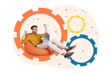 Composite artwork collage image picture of mini guy inside cogwheel raise fists laptop isolated on creative background