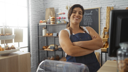 Young woman with crossed arms stands confidently in a bakery shop interior surrounded by baked goods and a chalkboard menu