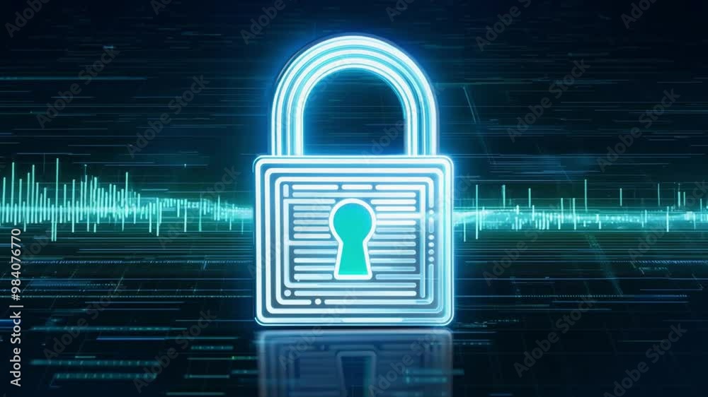 Poster A digital padlock stands out against a dark background featuring an abstract representation of data waves, illustrating the significance of cybersecurity in technology.
