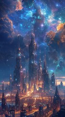 Fototapeta premium Futuristic skyline with skyscrapers, dreamy atmosphere and the stars that shine, combining technology and pure beauty, generative AI