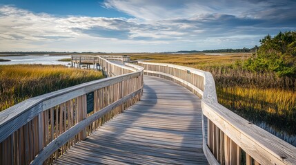 Obraz premium An elegant wooden boardwalk meandering through a coastal marsh, featuring viewing platforms and educational signage