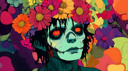 Colorful Floral Portrait of a Woman with Skull Makeup