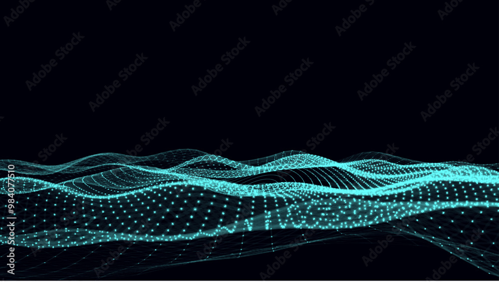 Poster blue futuristic moving wave. digital background with moving glowing particles and lines. big data vi