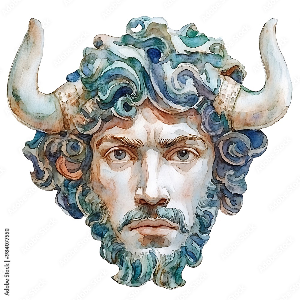 Wall mural Watercolor Painting of a Man with Bull Horns.