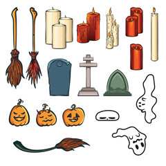 A set of illustrations for the Halloween event. Doodle art about Halloween. Funny illustrations of Halloween. Illustrations of ghosts, graveyards, broomsticks, pumpkins and candles.