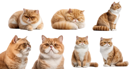 Exotic Shorthair cat kitty kitten, many angles and view portrait side back head shot sleeping sitting isolated on transparent background cutout, PNG file

