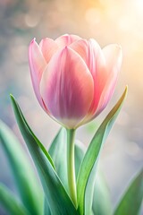 Naklejka premium Elegant close-up of a delicate pink tulip with soft petals against a light background. The simple composition with green leaves, serene and graceful floral scene. Pastel tones and minimalist style