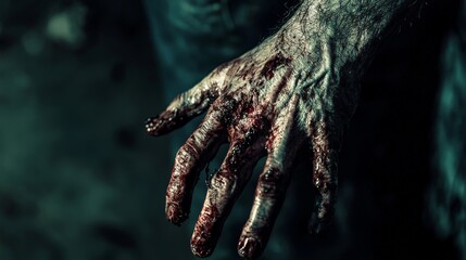 A zombie hand grabbing a survivor's leg, with intense lighting and motion blur conveying the struggle