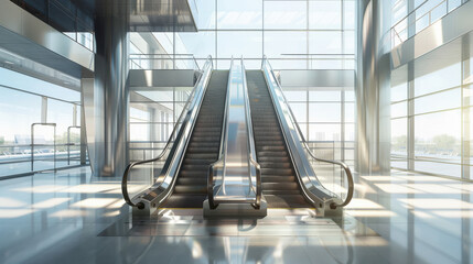 Elegantly designed modern escalator in a spacious and well-lit indoor setting with sleek architecture and polished surfaces