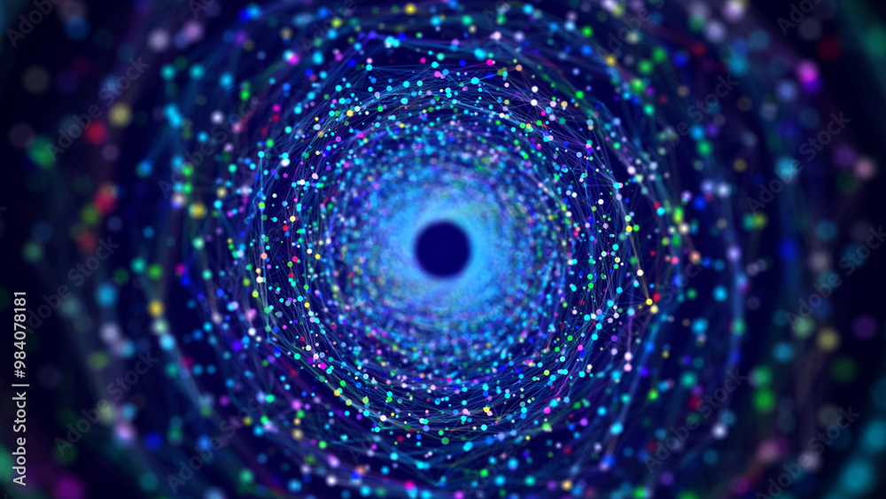 Wall mural cyber tunnel consisting of moving glowing points. futuristic infinite space background. concept of d