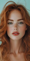 Fototapeta premium Close-up portrait of a young woman with long, flowing red hair. Her freckled face and bright green eyes create a captivating and alluring image.