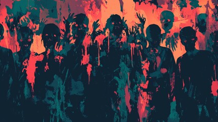 Obraz premium An abstract depiction of a zombie crowd, using distorted shapes and dark tones to create a sense of horror