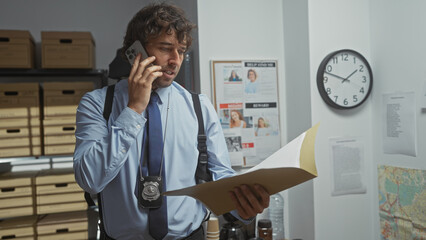 Handsome hispanic detective in office analyzing paperwork while on phone call, surrounded by clues...