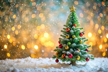 Obraz premium Asymmetrical Christmas tree with snow and sprinkles in background