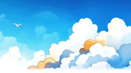 Fototapeta premium Vibrant watercolor captures whimsy in clouds, with a textured sky that brings playfulness to the scene.