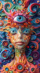 A vibrant painting of a woman with a large eye, showcasing intricate patterns and symmetry in electric blue, magenta, and red. A striking artwork in visual arts