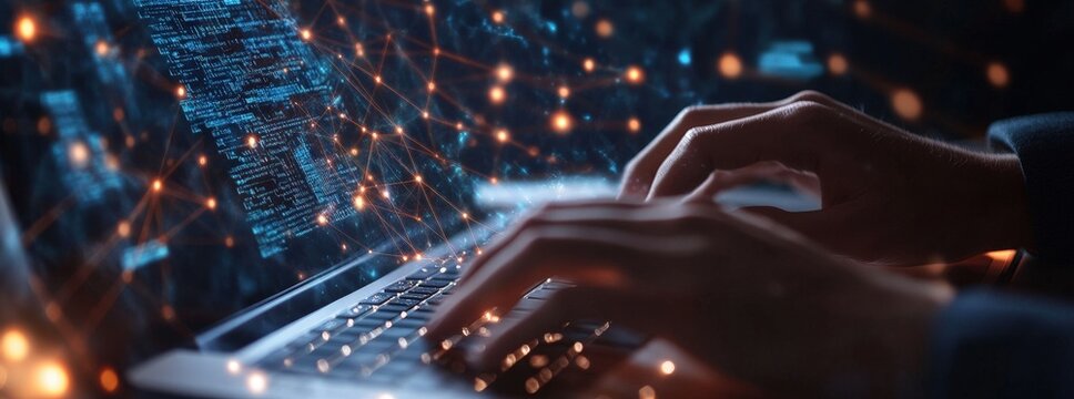 Algorithm tester analyzing systems in data facility server racks digital technology IT support network infrastructure concept banner