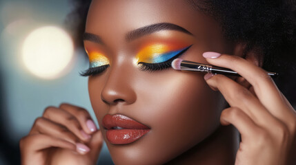 Obraz premium Professional makeup artist applying bold eyeshadow on a model