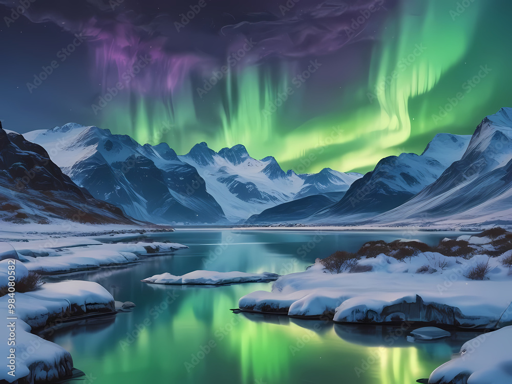 Wall mural northern lights over the snowy mountains, frozen sea, reflection in water at winter night in norway.