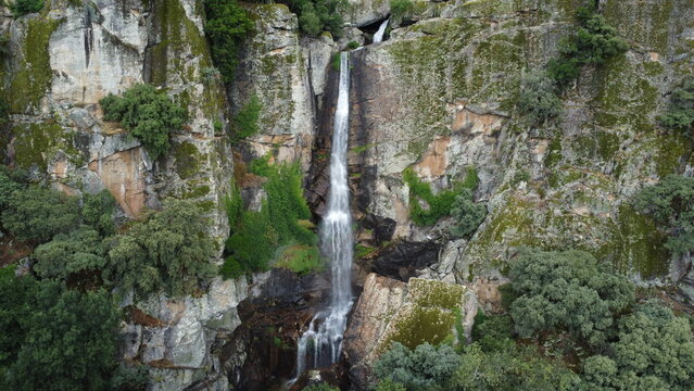 Aerial View of El Chorro de la Ventera in Spain, Waterfall and Vultures